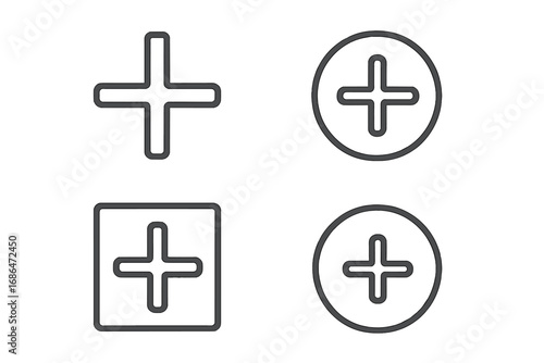 Plus line icon set. Add button collection in outline style. Vector symbols for UI and UX design. Create, more, or new element concept. Editable stroke for web and apps.