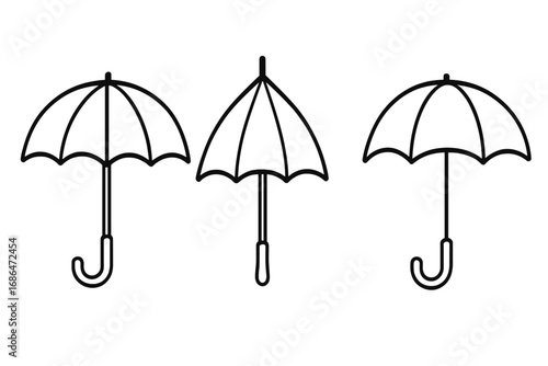 Umbrella parasol bumbershoot outline icon set. Vector cartoon illustration set of umbrella and parasol outline symbols isolated on transparent background. Design, graphic, app, book, advert element.