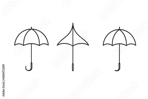 Umbrella Parasol Bumbershoot Thin Line Vector Set. Cartoon Rain Protection Illustration. Transparent Background. Collection of Ordered Hand Drawn Outlines for Forecast, Weather, Shelter Concepts