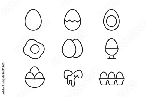 Egg icon set with thin line art vector. Breakfast food, cooking ingredient symbols. Fried, boiled, scrambled eggs, eggshell, and carton. Minimal outline pictogram for web, app, menu.