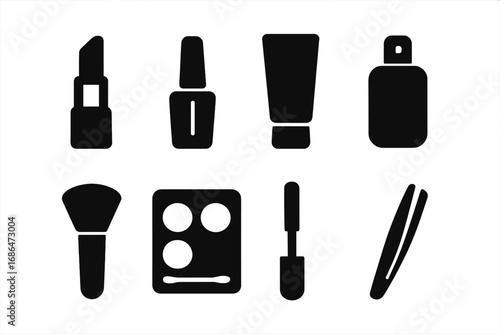 Cosmetics and makeup black glyph icons set. Vector silhouette collection of beauty products. Lipstick, nail polish, mascara, eyeshadow palette, cream tube and brush symbols.