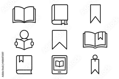 Reading icon set. Simple line art collection of book, bookmark, e-reader symbols. Concept for education, learning, library, study. Vector outline pictogram for web, app.