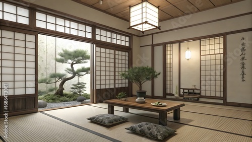 Wallpaper Mural Serene japanese tatami room with shoji screens opening to a tranquil garden view Torontodigital.ca