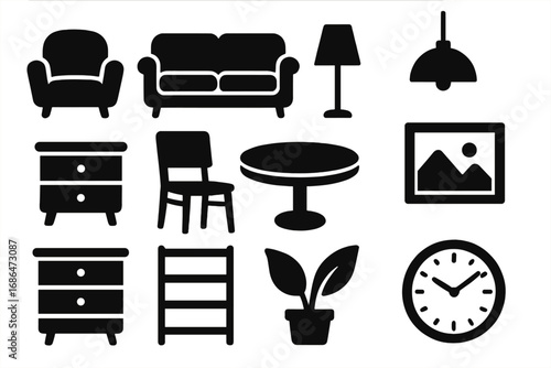 Vector icon set of furniture and home decor silhouettes. Interior design elements like sofa, chair, table, lamp, clock, plant, shelf. Modern minimalist household objects.