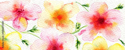Dipinto ad acquerello con fiori rosa, gialli e arancio su sfondo testurizzato