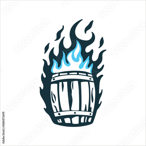 Burning Barrel Vector Illustration, Stylized Flames Bonfire Night Barrel engulfed in stylised flames bold red on midnight black