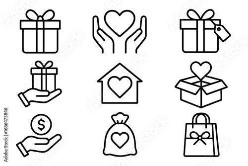 Charity and donation line icon set. Vector symbols for giving, help, love, and support. Outline pictogram collection for web, app, and graphic design. Volunteer concept.