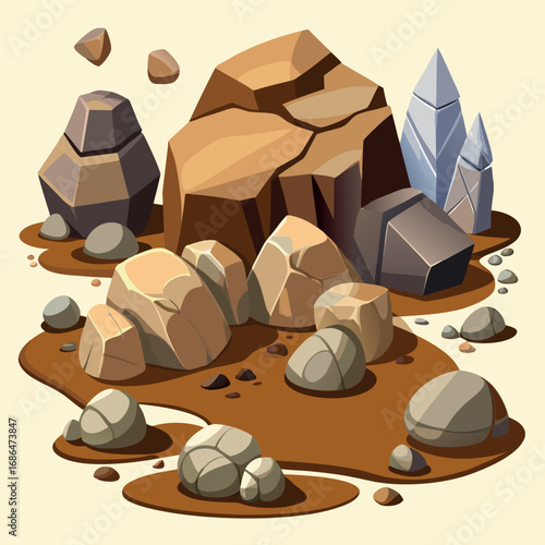 Cartoon stone and brown rock, 3D boulders and pebbles, pile of rubble and debris, isolated natural landscape elements, mountain cliff and rocky terrain, gravel game texture wall piece. Vector set 