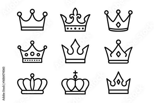 Set of crown line icons. Royal king, queen, and princess tiara symbols. Vector outline illustration for logo design, luxury branding, web, and app pictogram. Heraldry sign.