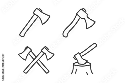 Axe line icon set. Lumberjack tool for chopping wood. Hatchet pictogram collection. Crossed axes logo. Forestry and carpentry concept. Minimal vector illustration for web design.
