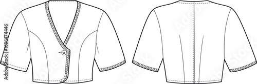Cropped cardigan technical sketch, front and back view, V-neckline, short sleeve, button loop closure, fashion flat, garment design, vector illustration