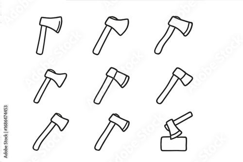 Set of axe line icons. Simple outline pictogram collection. Vector illustration for web, apps. Concept of lumberjack, woodcutting, tool, weapon, survival, camping, forestry, hatchet.