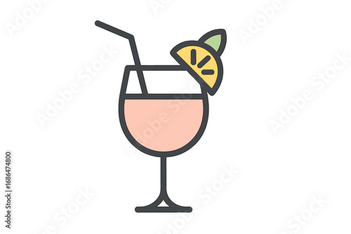 Cocktail glass line icon vector illustration. Summer tropical drink with lemon slice and straw. Minimalist outline symbol for bar menu, party invitation, or mobile app.