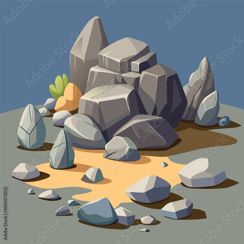 Cartoon stone and brown rock, 3D boulders and pebbles, pile of rubble and debris, isolated natural landscape elements, mountain cliff and rocky terrain, gravel game texture wall piece. Vector set 