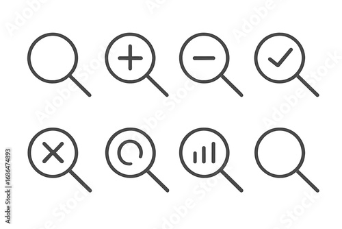 Magnifying glass line icon set. Vector search, zoom in, zoom out, find, and analysis symbols. Minimalistic linear pictogram collection for web, graphic design, UI, and UX.