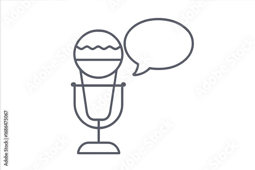 Microphone with speech bubble vector line icon. Podcast, interview, broadcast concept. Audio recording and communication symbol. Public speaking, radio show, stand-up comedy.