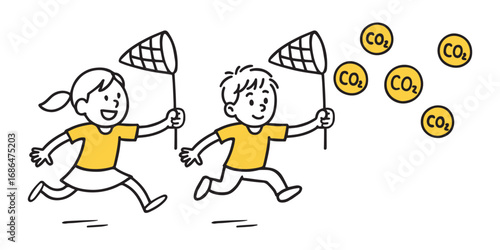 Boy And Girl Catching CO2 Molecules with Net. Climate Change Action, Environmental Awareness, CO2 Capture, Educational Art Concept. Hand-Drawn Doodle Style Line Vector Illustration