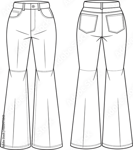 vector illustration, patch pockets, belt loops, zipper fly, button closure, curved pockets, coin pocket, topstitching detail, yoke shaping, clothing template, apparel mockup, fashion CAD