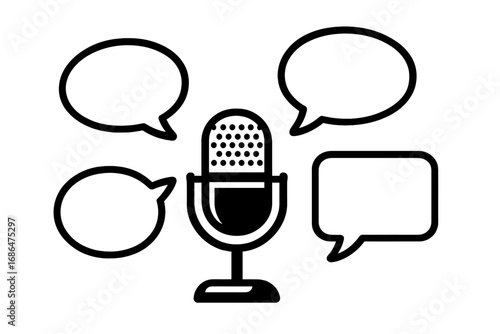 Microphone with speech bubbles vector illustration. Icon set for podcast, interview, press conference, or broadcast. Communication, dialogue, audio recording, and voice concept.