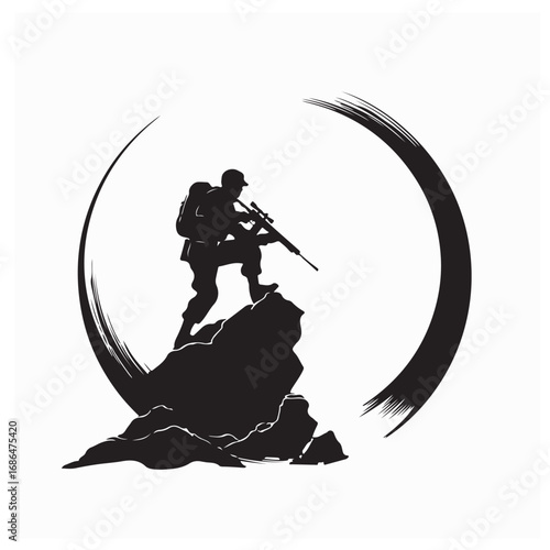 Sharp Shooter Silhouette Standing on Boulder with Gun Vector