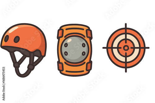 Roller skating safety gear icons set including orange helmet, knee pads, and target symbol, cartoon style, vector illustration, transparent background, protective equipment