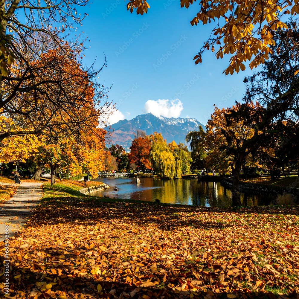 Obraz premium Autumn park landscape with fall foliage