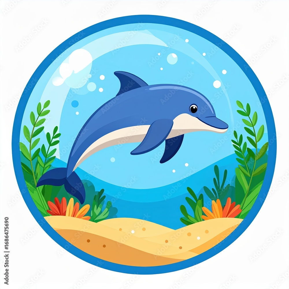 Obraz premium A cheerful cartoon dolphin swims gracefully inside a blue bubble, surrounded by aquatic plants.