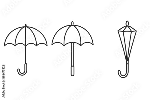Umbrella line icon set. Open and closed parasol collection. Minimalist vector illustration of bumbershoots. Simple outline drawing for rain and weather concepts. Symbol.