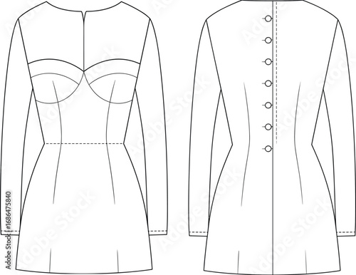 Mini dress technical sketch, front and back view, sweetheart neckline, princess seam, button back, fashion flat, garment design, vector illustration