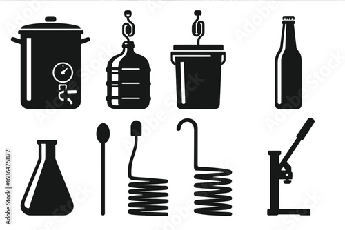 Set of black silhouette brewing equipment icons for homebrew enthusiasts, artisanal beer making gear, fermentation vessels, brewing tools illustration with transparent background