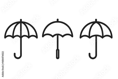 Umbrella, parasol outline icon set. Simple line art symbols for rain, weather, sun shade. Vector graphic collection for web design, apps. Bumbershoot pictogram illustration.