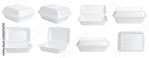White Styrofoam Food Containers Isolated On White Background Showing Variety Of Angles For Packaging And Delivery Uses