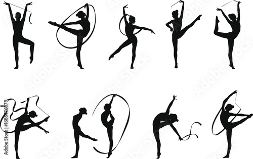 Rhythmic gymnastics silhouettes, ribbon performance, gymnast poses, artistic sport, dance movement, flexibility, balance, coordination, competition, elegance, athletic performance, 