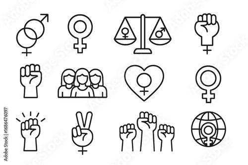 Feminism and gender equality icon set. Woman power, rights, protest, solidarity, and empowerment symbols. Thin line art vector collection for social issues and design.
