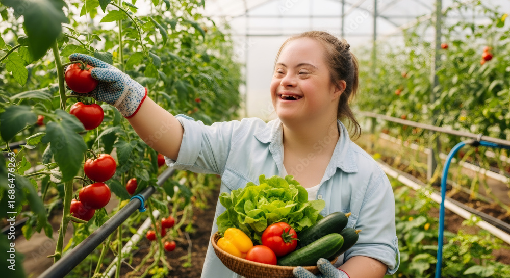 Fototapeta premium Young woman gardener harvesting ripe red tomatoes with glove. Happy female farmer working in greenhouse for organic food.