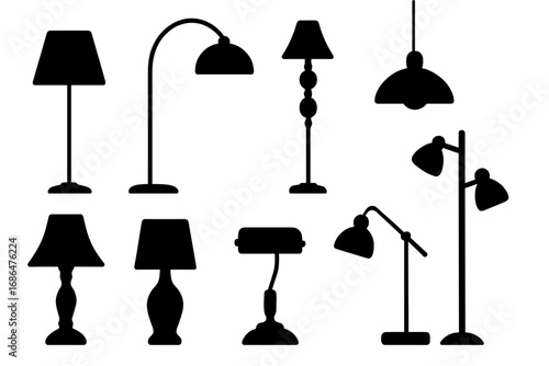Silhouette Collection of Modern and Classic Home Indoor Lamps and Lighting Designs, Vector Cartoon Illustrations with Transparent Background, Stylish Floor, Table, Desk, and Pendant Lamps Set