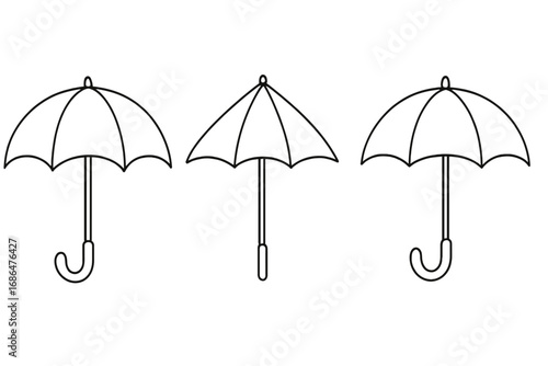 Umbrella parasol bumbershoot outline icon set. Simple line art symbol for weather protection. Vector illustration for graphic design, web, app, logo, book, advert. Minimalist black and white.