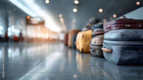 Ready for departure, a vibrant row of suitcases sits on the polished floor of a modern airport, symbolizing the start of a new journey
