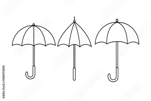 Umbrella and parasol simple line art icon set. Vector illustration of open bumbershoots for rain or sun protection. Minimalist weather symbol graphic design elements.
