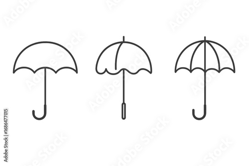 Stylish umbrella, parasol, and bumbershoot icons set with thin line art style, vector cartoon illustrations, transparent background, ordered collection for design and weather concepts