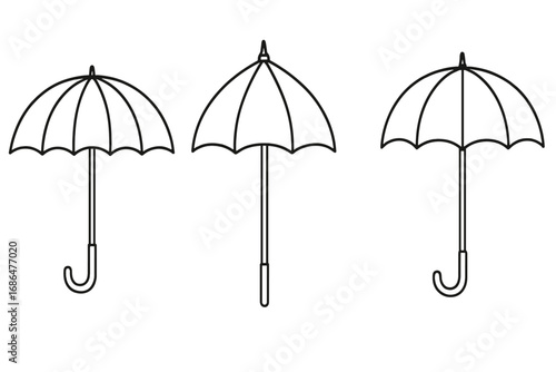 Simple thin line umbrella illustration set, vector cartoon parasol and bumbershoot icons, minimal outline sunshade design, transparent background, ordered collection