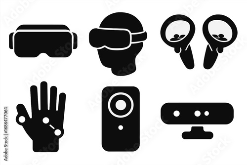 Silhouette icons of virtual reality gadgets and accessories, sleek vector set featuring VR headsets, controllers, tracking glove, 3D camera, and motion sensor with transparent background