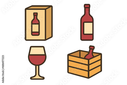 Vector Set of Wine Bottle, Glass, and Packaging Icons for Graphic Design, Web, Apps, Advertising, and Cards, Cartoon Style with Transparent Background, Filled Outline Illustration