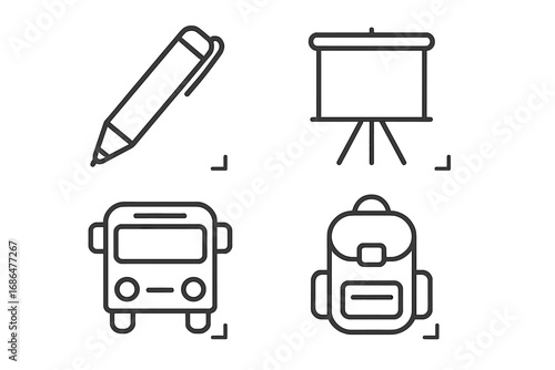 Simple Linear Icon Set Featuring Pen, Presentation Board, School Bus, Backpack, and Book, Editable Stroke Minimalist Vector Pictogram Collection for Cards, Apps, Banners, and Posts Design