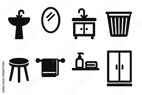 Simple Black Bathroom Icon Set Featuring Sink, Mirror, Cabinet, Laundry Basket, Stool, Towel Rack, Shelf, and Shower Door, Vector Cartoon Bathroom Essentials Collection