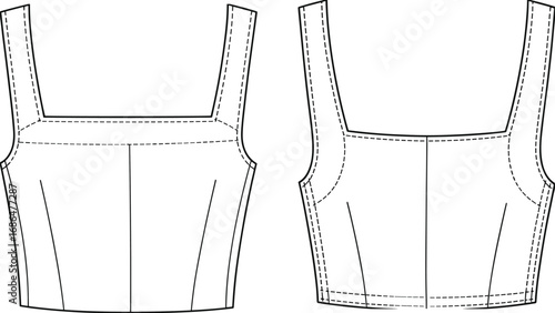 Sleeveless top sketch, fashion technical drawing, fitted bodice design, princess seams, square neckline, garment construction, apparel template, vector illustration