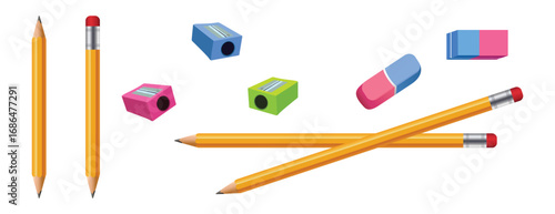 Realistic vector set of yellow pencil with eraser rubber and sharpener, isolated on white background, detailed 3D wooden pencil design for school, office, art, education, drawing and stationery use
