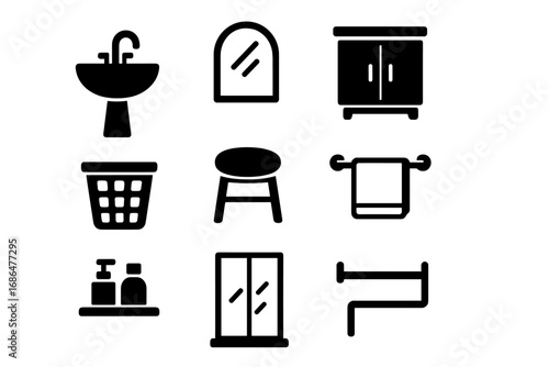 Simple Black Bathroom Icon Set featuring Sink, Mirror, Cabinet, Laundry Basket, Stool, Towel Rack, Shelf, and Shower Door - Vector Cartoon Illustration for Interior Design and Home Decor