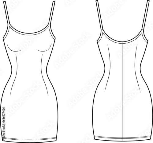 Slip dress sketch, technical fashion illustration, front and back view, spaghetti straps, scoop neckline, fitted silhouette, garment construction drawing