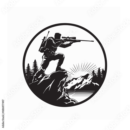 Marksman Standing on Large Rock Aiming Weapon Silhouette Vector